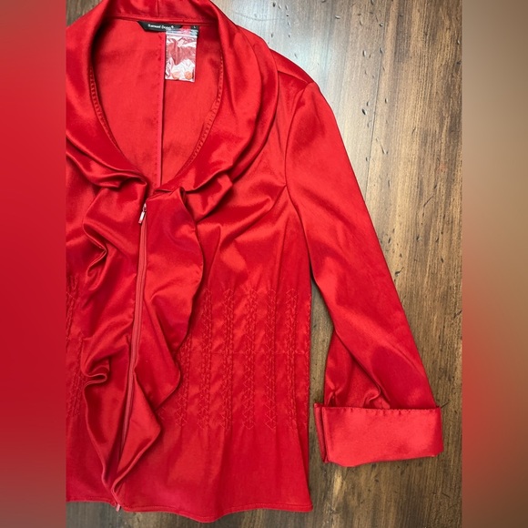 Samuel Dong Ruffle Blouse Jacket Size Large Red Classy Satin Zip Business NWOT - Picture 4 of 14
